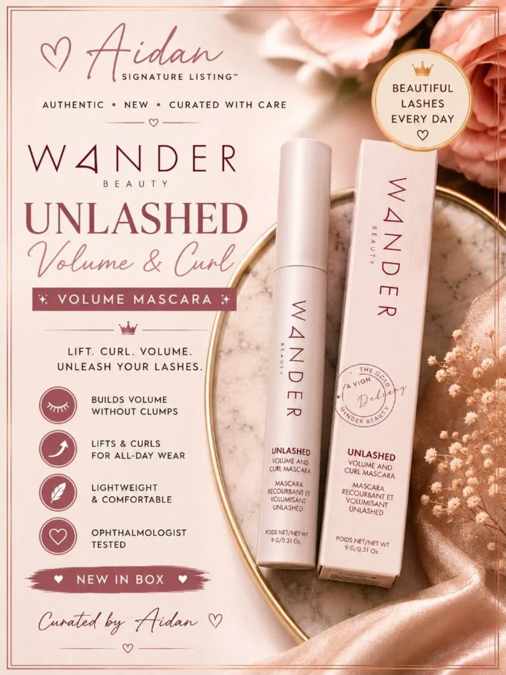 Wander Black Unlashed Volume Curl Mascara Full Size New In Box